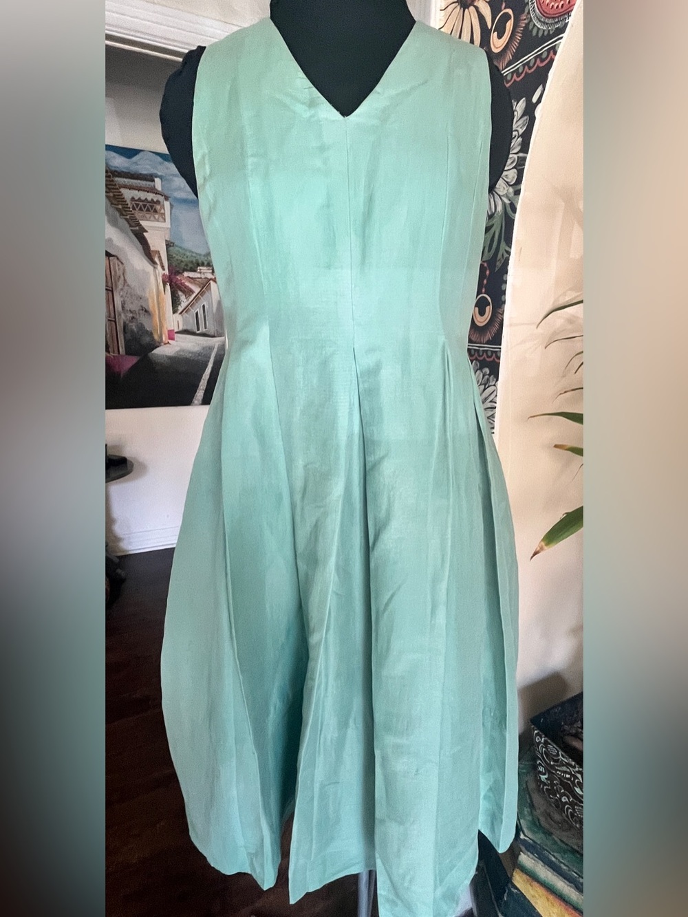 S’ Max Mara Sleeveless V-Neck Mint Green Fit-and-Flare Dress